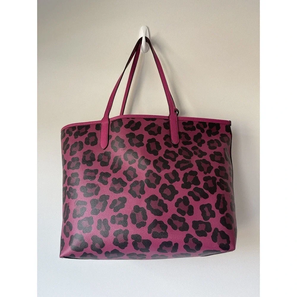 SOLD Coach Tote Bag Pink Purse + Matching Wristlet Cheeta Print Vegan Leather - Picture 3 of 10